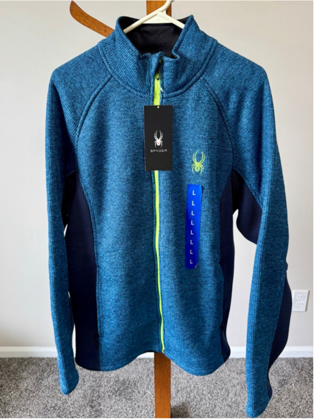 Men's Spyder Men's Foremost Full Zip Knit Fleece Jacket Blue/Lime Green Size L